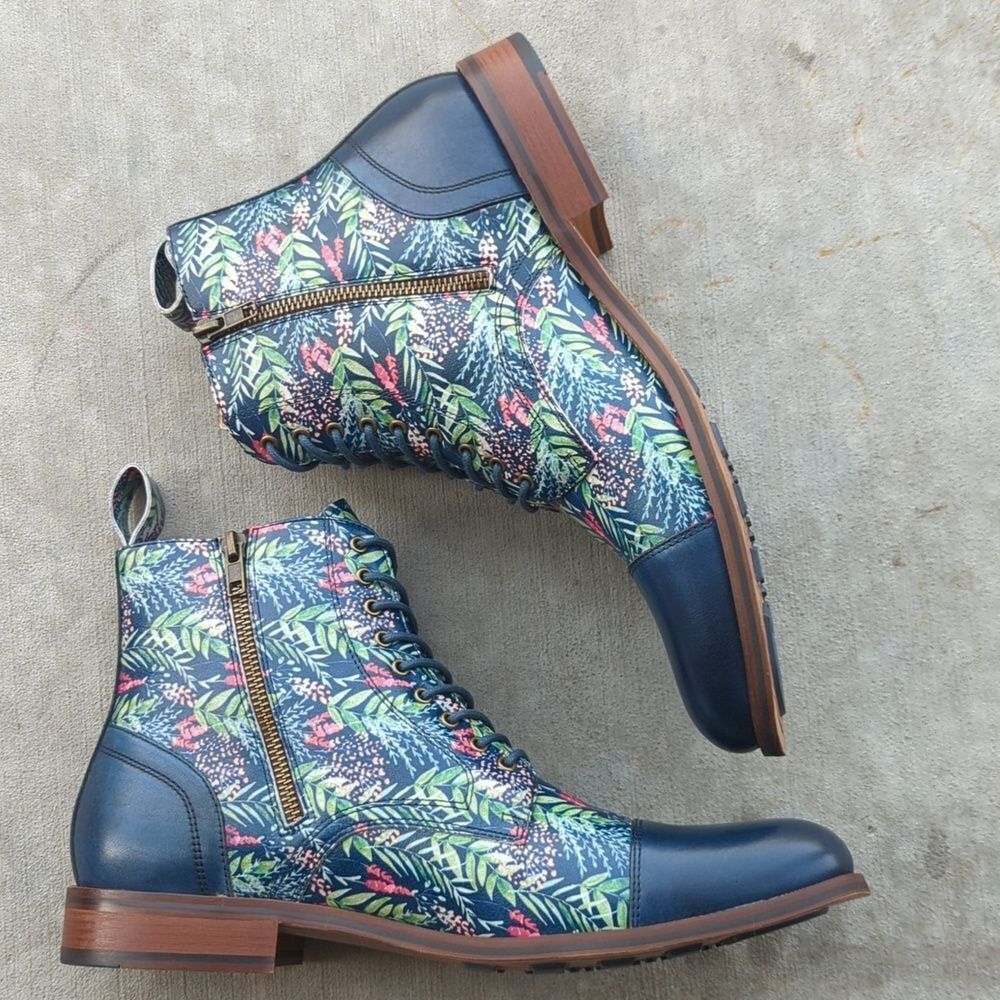 Thatcher Finch‎ Men's Blue Floral Patterned Luxury Derby Dress Boots Size 7